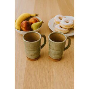 Set Of 2 Studio Pottery Mugs Bamboo Jade Willow Green Earthenware Handmade